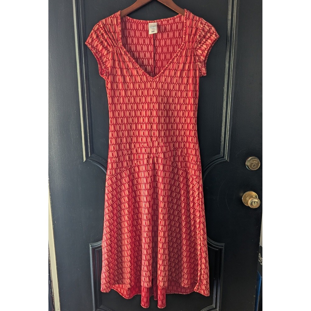 Vtg Y2K Old‎ Navy Red Drop Waist Geometric Print V-Neck Midi Dress Womens Sz S